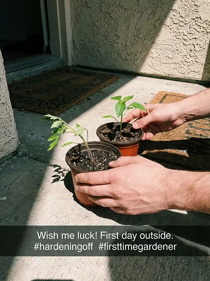 Young seedlings hardening off on apartment doorstep during spring transition outdoors