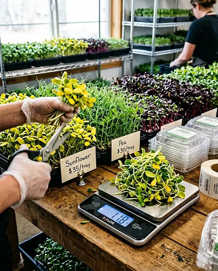 Can You Make Money Growing Microgreens at Home? 4 harvesting profitable sunflower microgreens varieties showing yield per tray