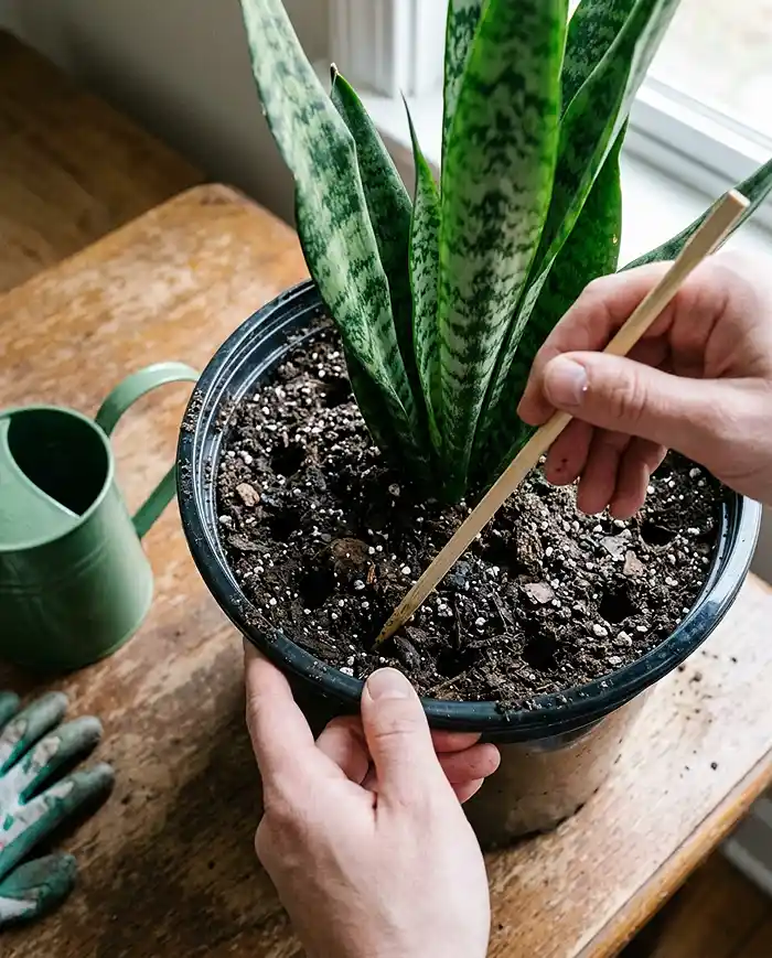 How to Improve Drainage and Aeration in Container Soil 4 Aerating compacted container soil with chopstick around snake plant roots