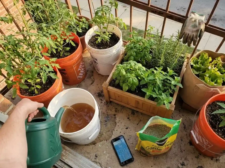 Beginner fertilizing small-space balcony garden with liquid feed in containers
