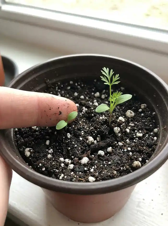 How and When to Thin Root Crops in Pots 2 Carrot cotyledons versus true leaves showing when to start thinning seedlings