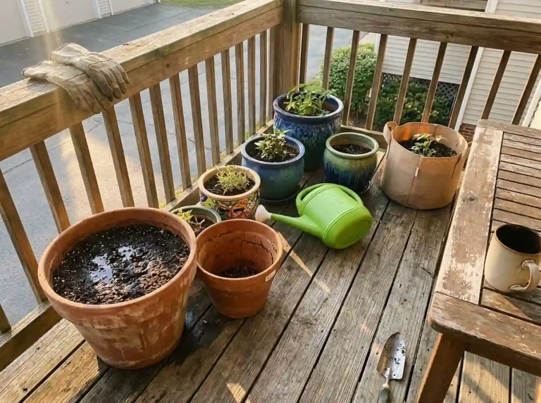 Container plants on a sunny patio with watering can and wet dry soil contrast