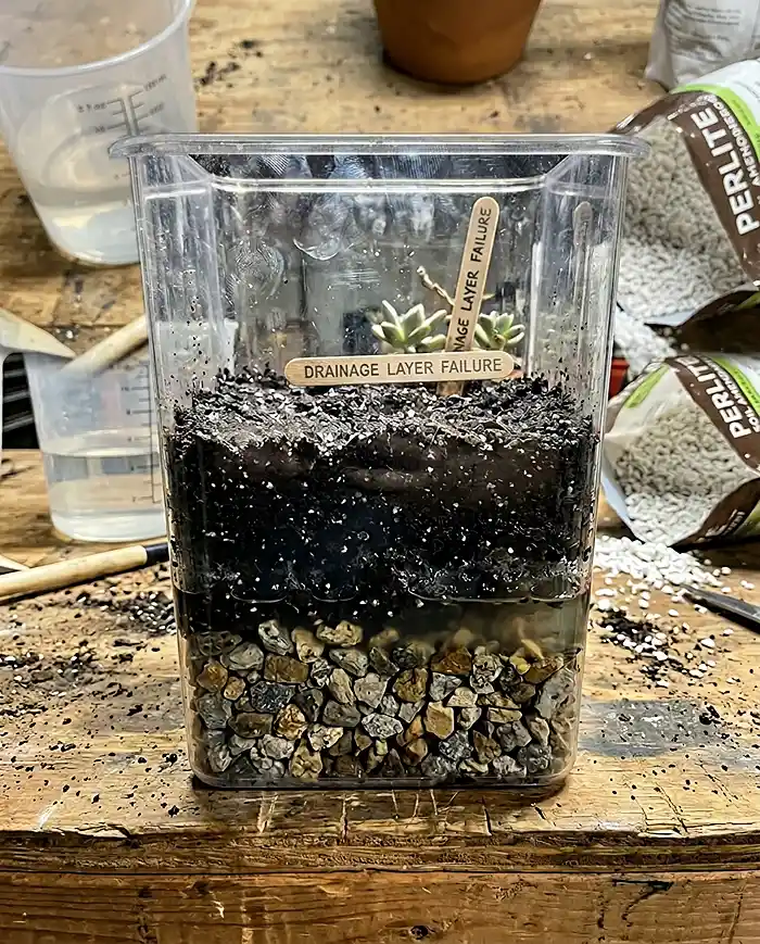 How to Improve Drainage and Aeration in Container Soil 3 Cross-section showing perched water table above gravel layer in pot