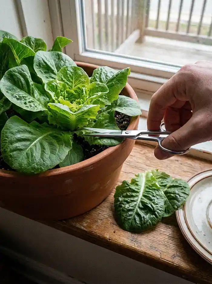 How to Grow Salad Greens in Small Planters 4 Cut and come again method harvesting outer lettuce leaves with scissors