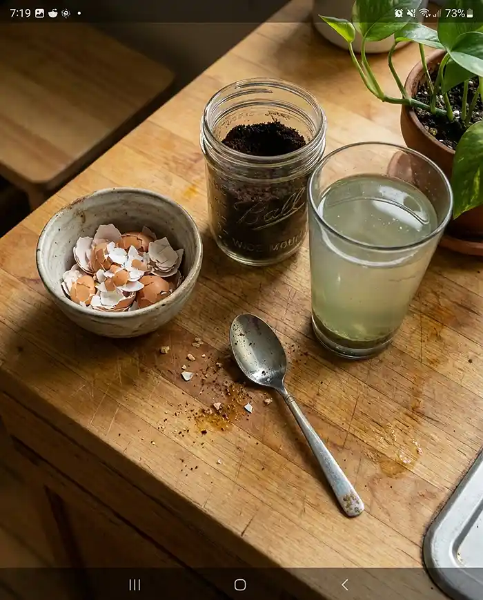 DIY fertilizer ingredients including coffee grounds eggshells and aquarium water on kitchen counter