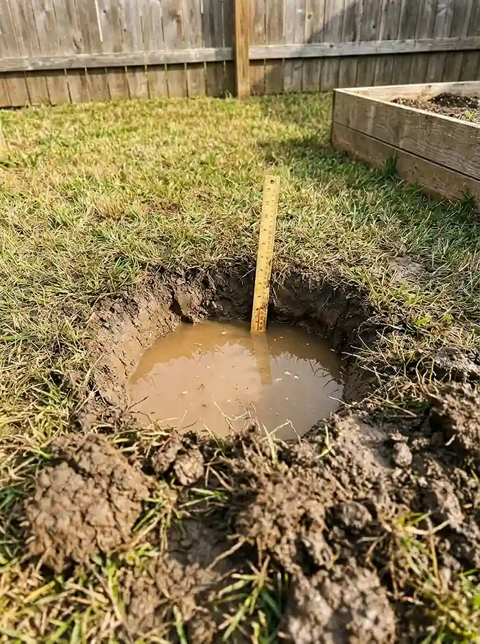 Ignoring Drainage? 3 DIY percolation test measuring backyard drainage rate with ruler in hole