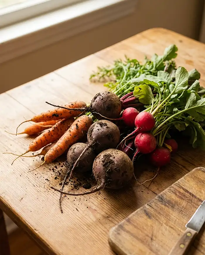 Freshly harvested container grown carrots beets and radishes on kitchen counter