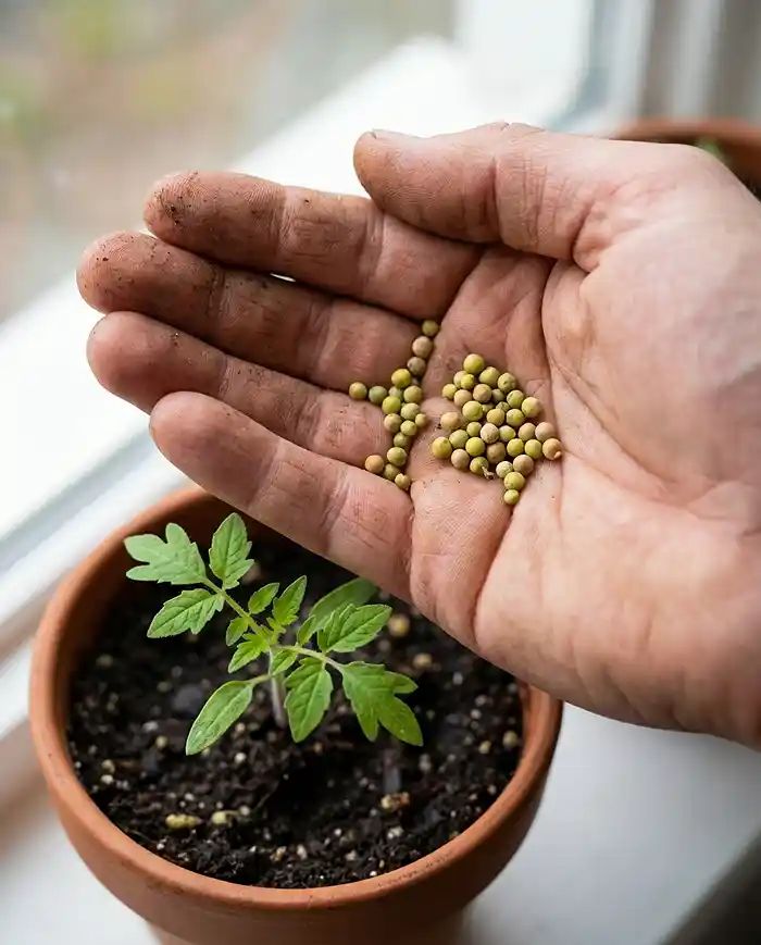 Hand sprinkling slow-release fertilizer pellets onto a potted tomato seedling