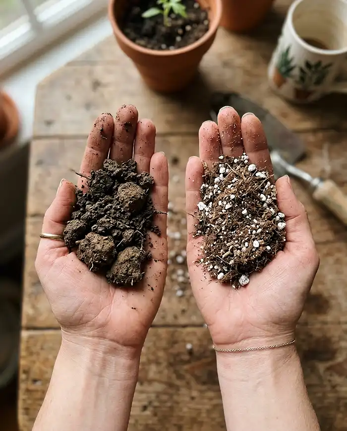 Best Soil and Fertilizer for Container Vegetable Gardens 2 Hands comparing dense garden soil versus fluffy potting mix for containers