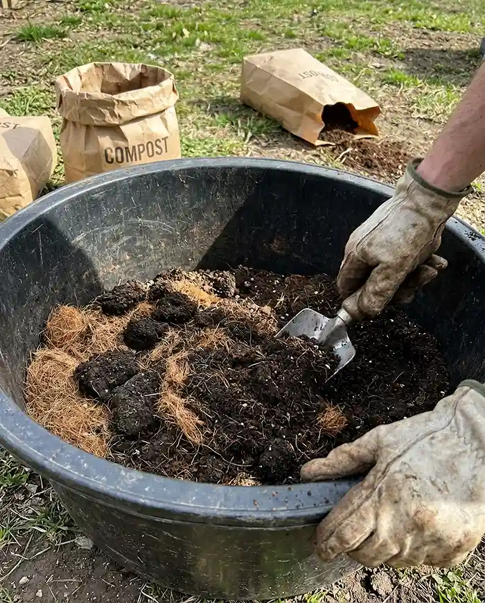 Hands mixing compost sand and topsoil blend for container root vegetable growing