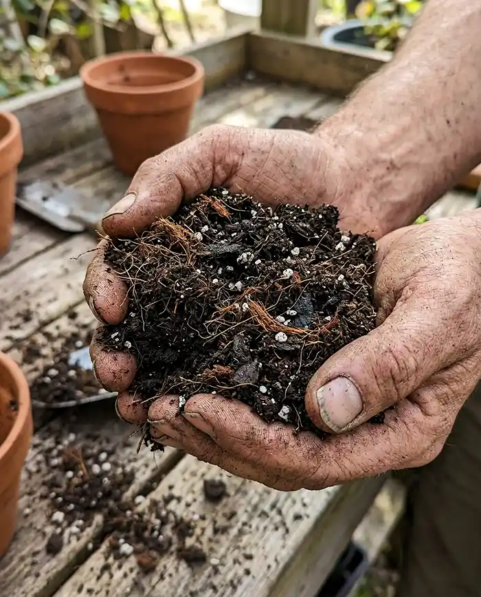 Best DIY Potting Mix Recipe 4 Hands performing the squeeze test on freshly blended homemade potting soil