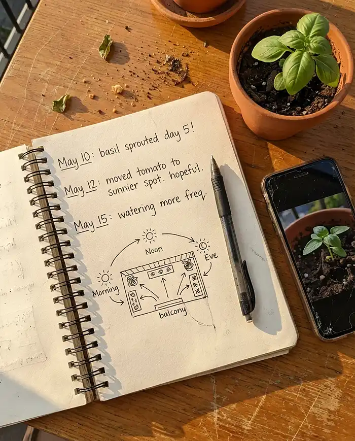 Handwritten gardening progress log with sun-map sketch and potted herb nearby