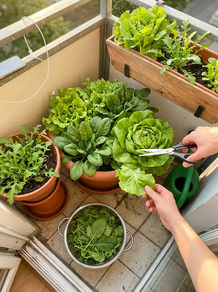 Best Soil Mix for Leafy Greens in Containers 5 Harvesting fresh lettuce and spinach from balcony containers with kitchen scissors