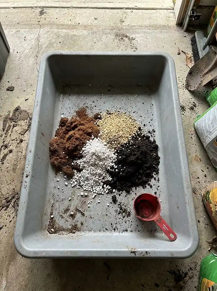 Homemade container soil mix with coco coir perlite vermiculite and compost for root crops