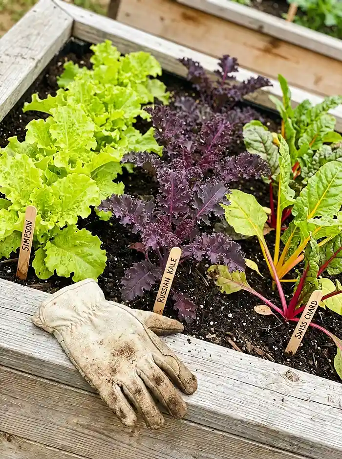 Cut and Come Again Greens 2 Lettuce kale and Swiss chard varieties growing together in a raised bed