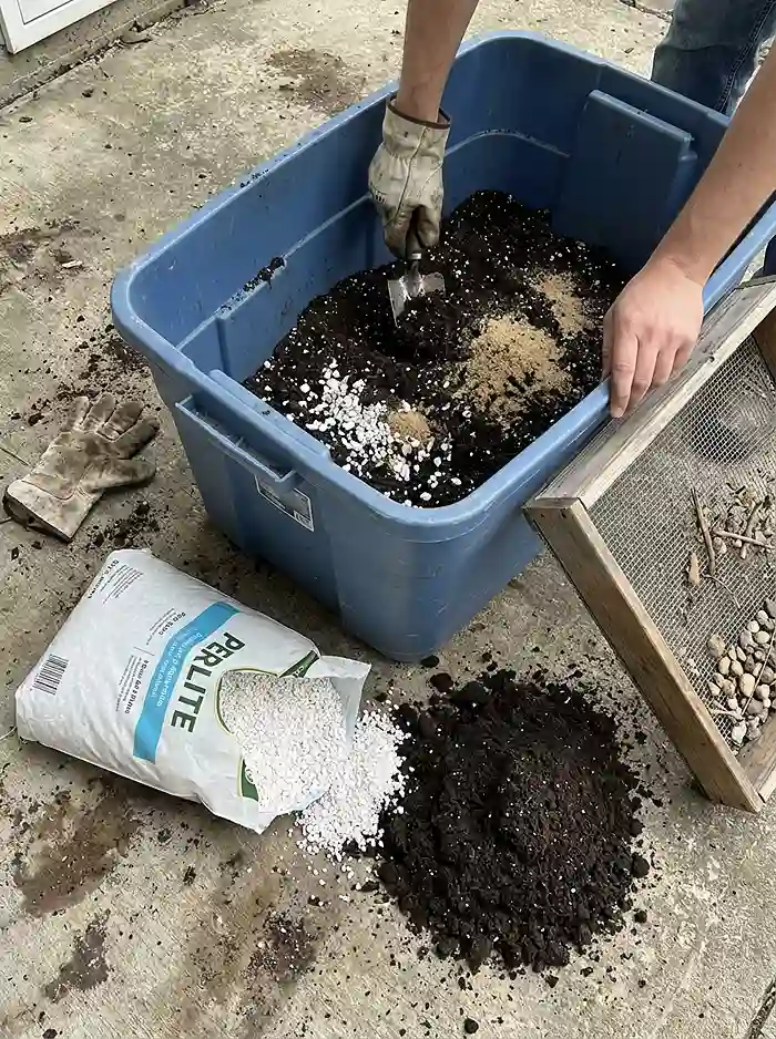 Mixing compost sand and perlite for carrot container soil preparation