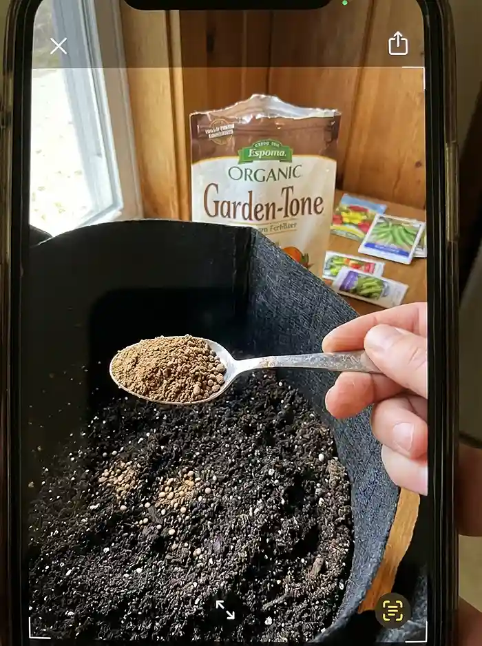 Mixing organic granular fertilizer into potting soil before planting vegetables