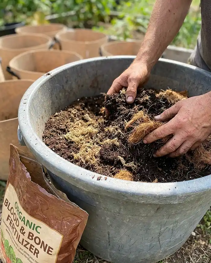 Mixing organic potting soil recipe with compost and blood and bone for root crops