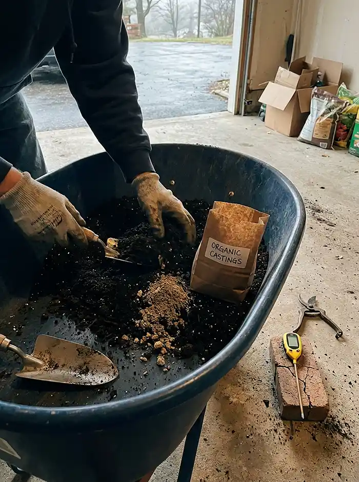 How to Grow Salad Greens in Small Planters 3 Mixing potting soil and earthworm castings for container salad greens