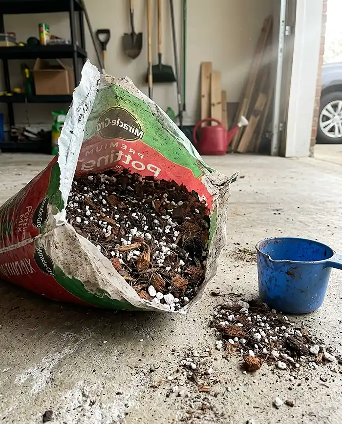Open bag of potting mix showing perlite, coir, and compost texture