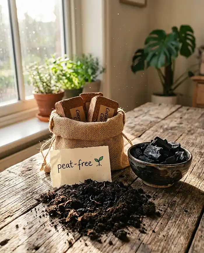 Best DIY Potting Mix Recipe 2 Peat-free potting mix ingredients including coconut coir, biochar, and worm castings