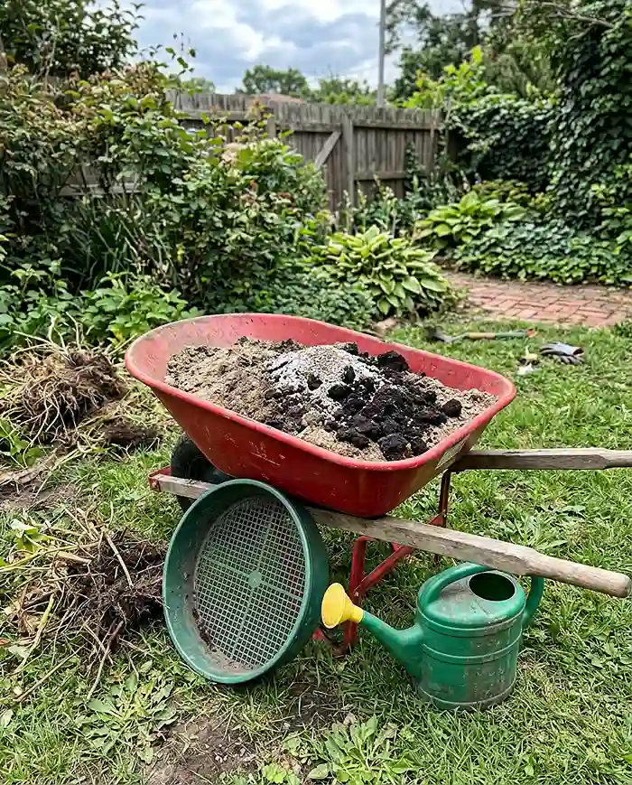 Reusing old potting mix with fresh compost and fertilizer in wheelbarrow