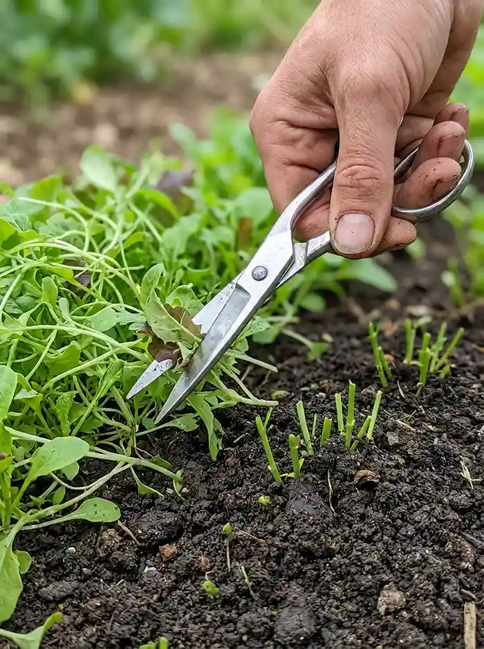 Cut and Come Again Greens 3 Scissors cutting baby salad greens one inch above soil line