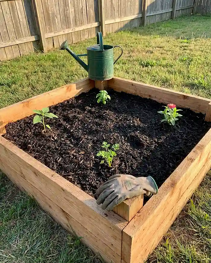 How to Start a Garden Without Getting Overwhelmed 4 Small raised garden bed with mulch and few beginner plants