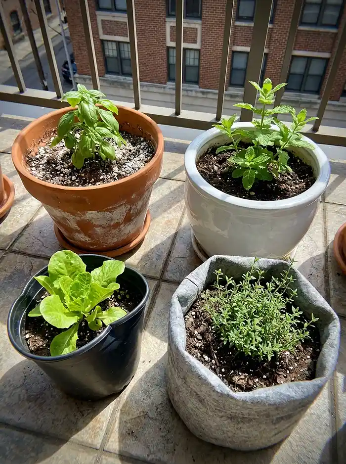 Terracotta plastic ceramic and grow bag pots compared on sunny balcony