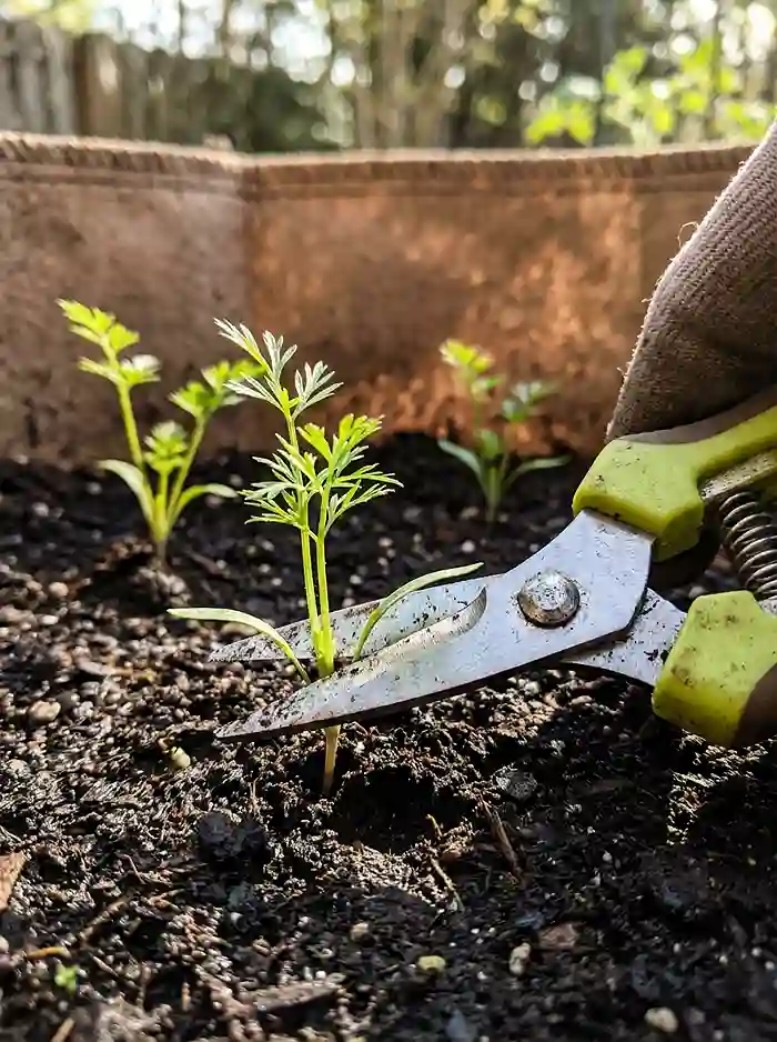 Thinning carrot seedlings with scissors to prevent root forking