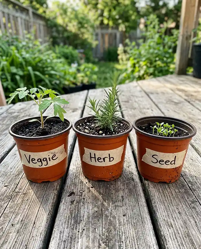 Best DIY Potting Mix Recipe 3 Three labeled pots showing vegetable, herb, and seed-starting potting mix recipes
