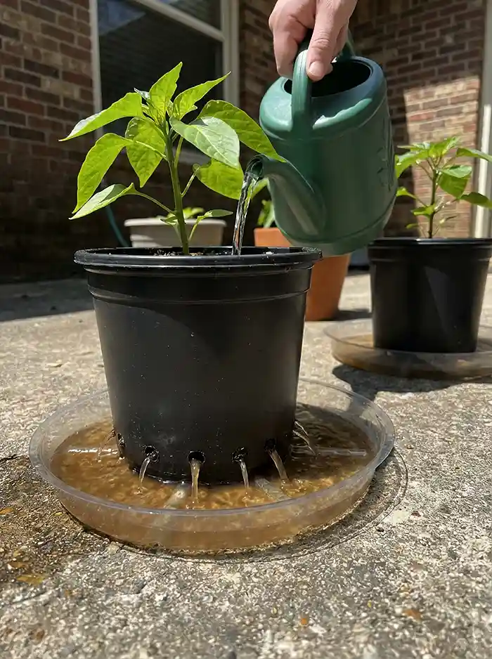 Water draining from container pot showing nutrient leaching in small garden