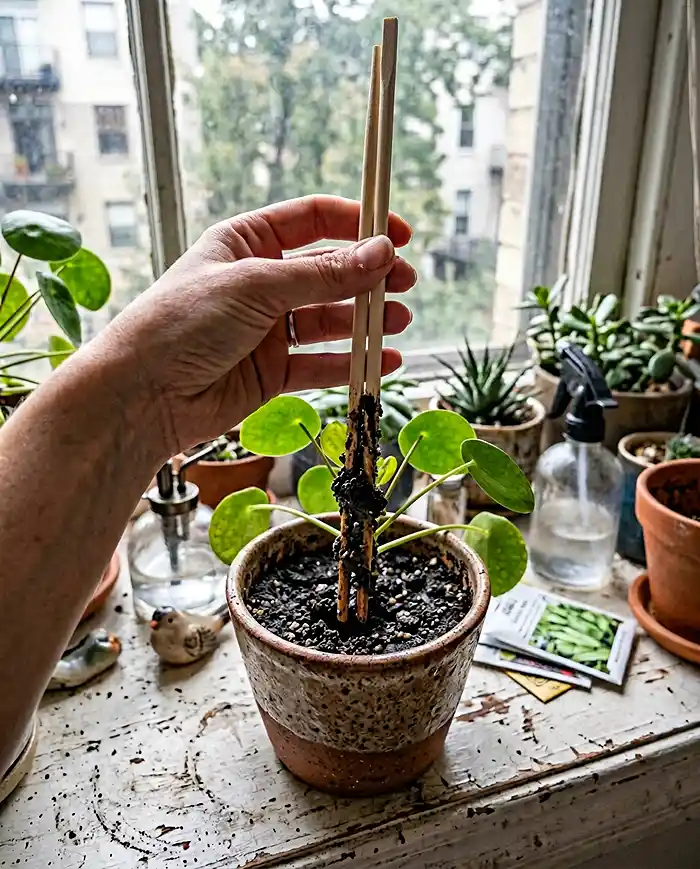 How to Improve Drainage and Aeration in Container Soil 2 Wooden chopstick moisture test pulled from overwatered houseplant soil