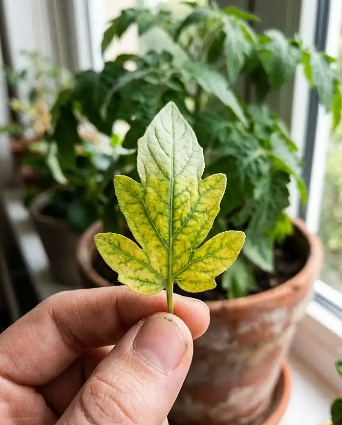 Best Soil and Fertilizer for Container Vegetable Gardens 5 Yellowing tomato leaves showing nitrogen deficiency in container plant