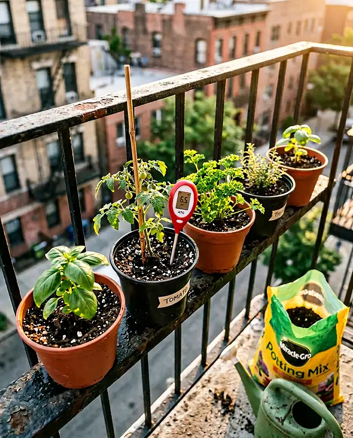 Container vegetable garden with pH meter testing soil for healthy plants
