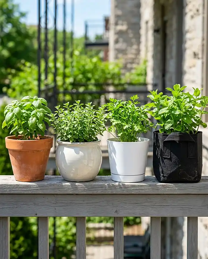 Best Pots for Balcony Gardens in July Heat 3 Four pot material types side by side on a sunny summer balcony — terracotta, ceramic, resin, and fabric grow bag. best pots for balcony gardens