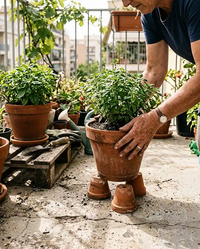 small space garden layout for summer heat 5 Gardener elevating a container onto pot feet to protect plant roots from hot concrete on a summer balcony