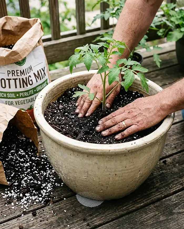 Best Pots for Balcony Gardens in July Heat 4 Hands pressing potting mix around a tomato seedling being planted in a light ceramic pot on a balcony
