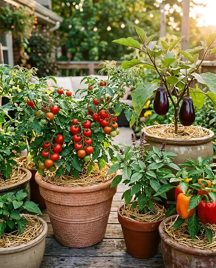 small space garden layout for summer heat 4 Heat-tolerant vegetables including cherry tomatoes, eggplant, and sweet peppers thriving in summer containers