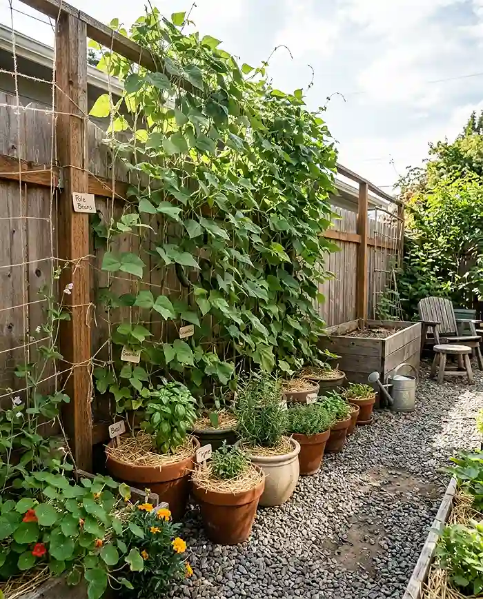small space garden layout for summer heat 3 Small space garden layout for summer heat showing tall trellis plants casting shade over shorter herb containers