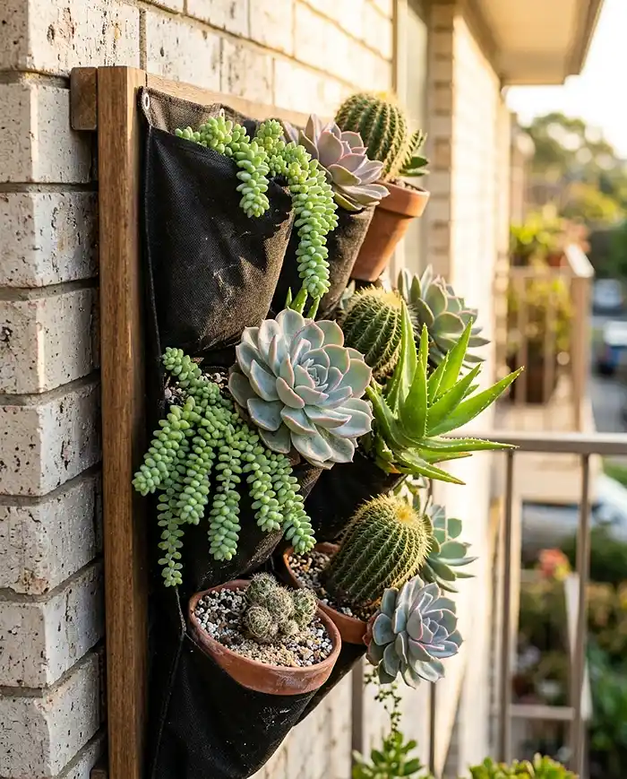 Vertical succulent wall planter on a balcony with echeveria, sedum, and aloe thriving in full sun