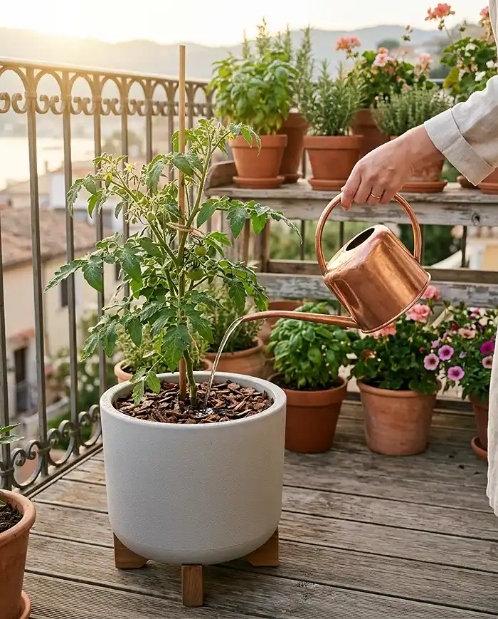 Best Pots for Balcony Gardens in July Heat 5 Watering a balcony tomato plant at the base in morning light with pot feet and bark mulch on a summer balcony