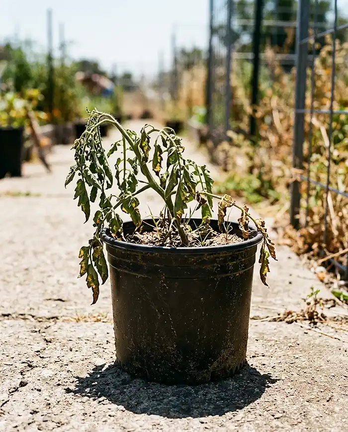 small space garden layout for summer heat 2 Wilting tomato plant in a dark container on hot concrete showing signs of summer heat stress