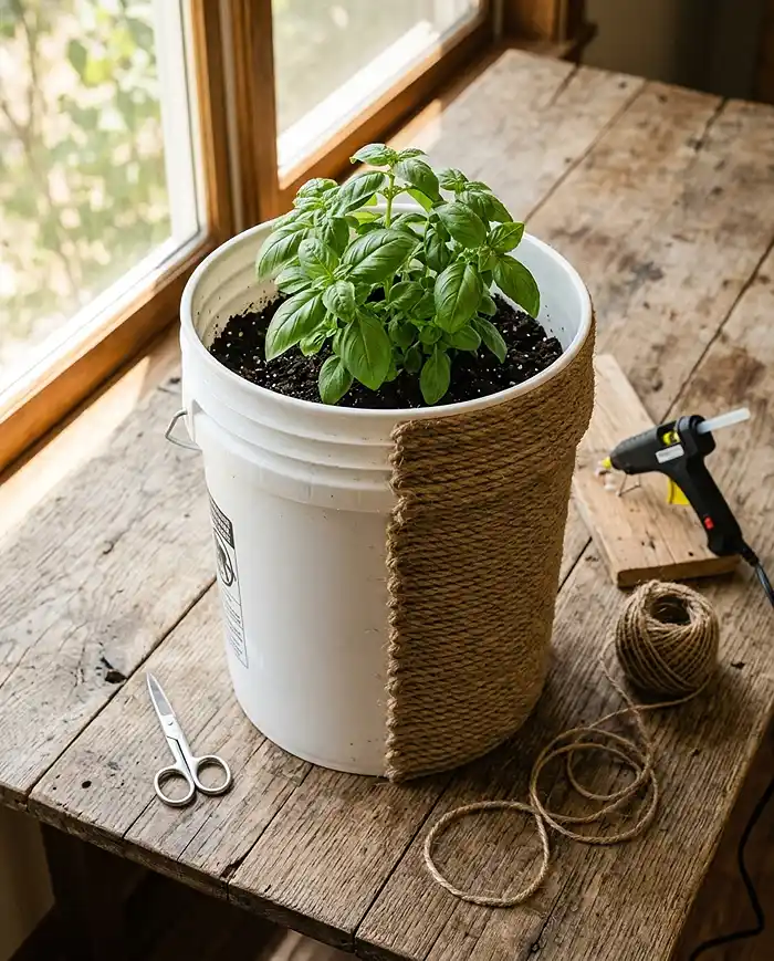 5 Gallon Bucket Garden Ideas 3 A 5 gallon bucket with half its exterior wrapped in jute rope next to a hot glue gun on a wooden surface, showing the DIY transformation process. gallon bucket garden