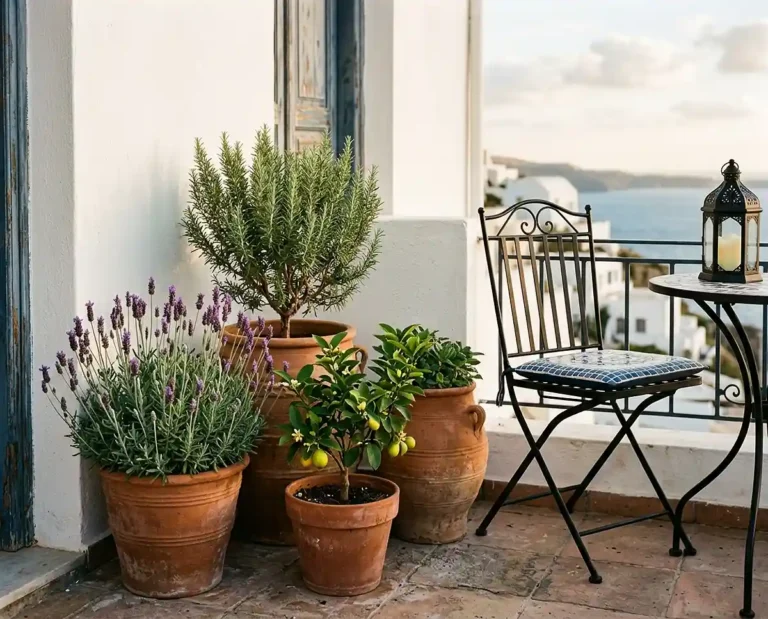 A Mediterranean balcony garden with clustered terracotta pots and herbs