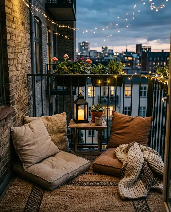 A balcony corner at dusk with floor cushions, a lit lantern, potted succulent and warm string lights overhead