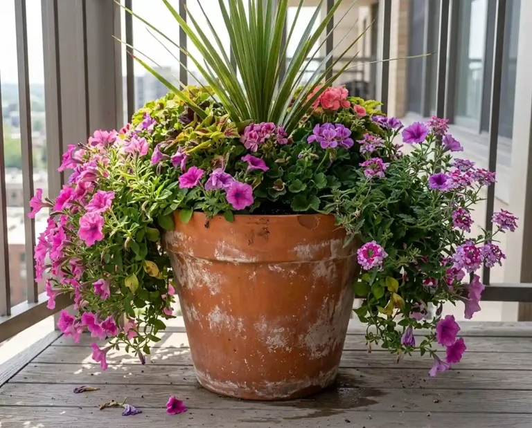 A balcony pot with a spiky center plant ringed by petunias and verbena cascading over the rim in pink and purple