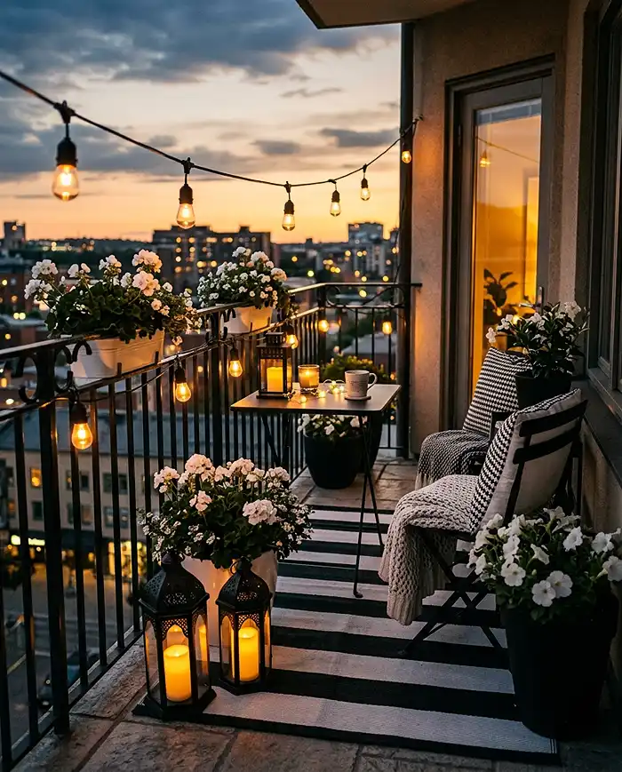 Black and White Balcony Garden Ideas 5 A black and white balcony glowing with warm string lights and lanterns at dusk