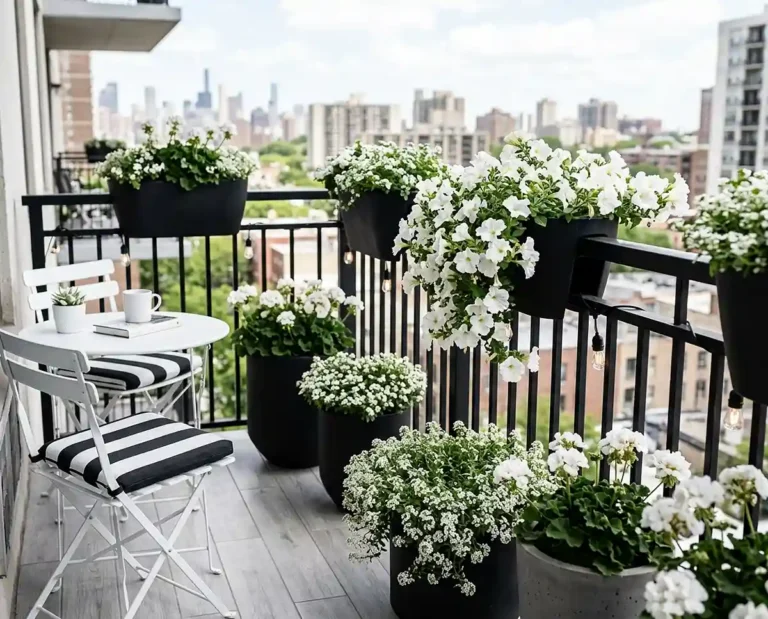 A chic black and white balcony garden with monochrome planters, furniture, and white blooms