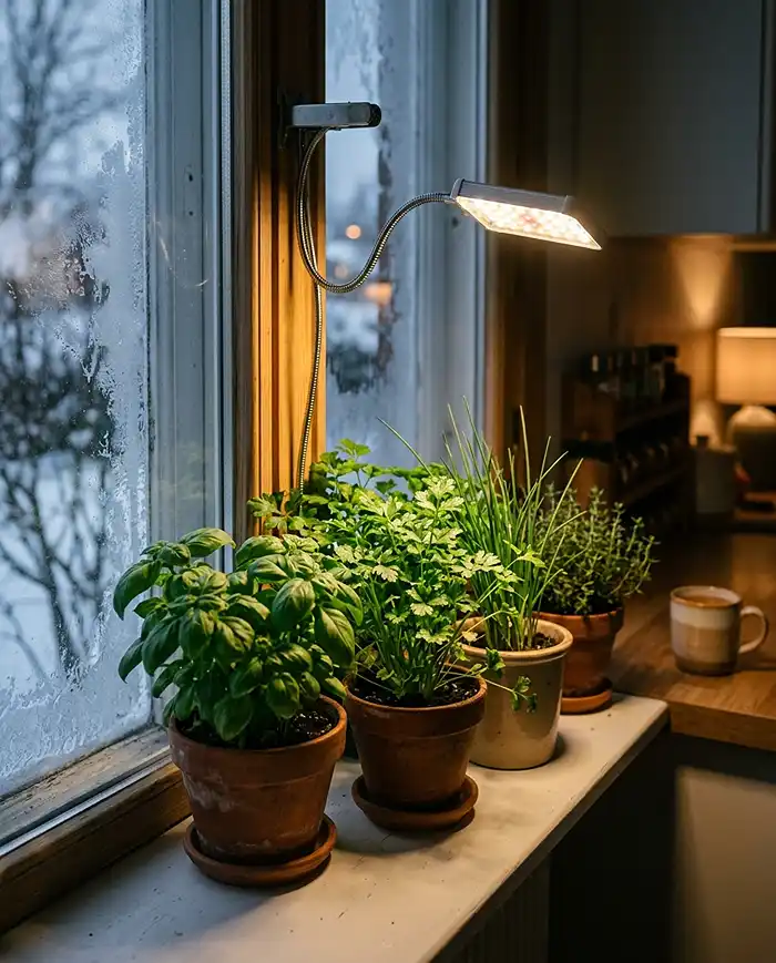 Hanging Herb Garden Ideas for Kitchens 5 A clip-on LED grow light supplementing winter light for indoor kitchen herbs